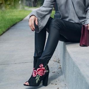Floral embroidered peep toe booties
